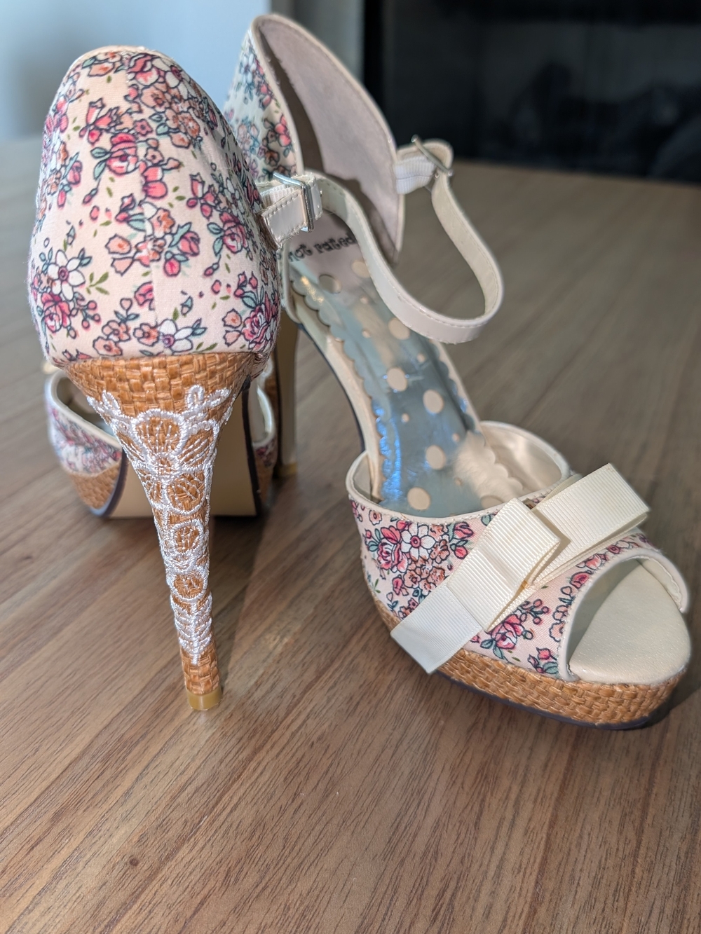 Not Rated Floral Bow Peep-Toe Platform Heels in Cream and Pink